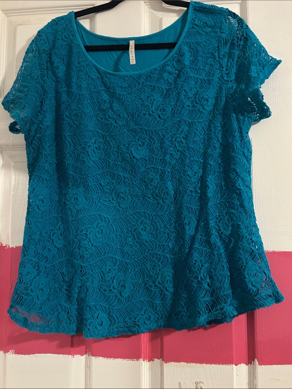 Leo & Nicole Teal Floral Lace Short Sleeve Blouse